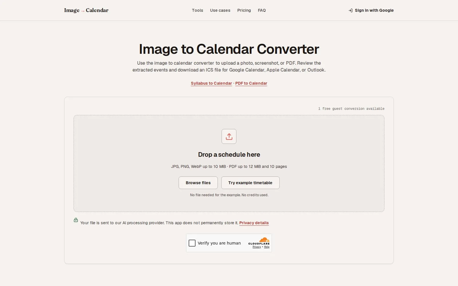 Screenshot of Image to Calendar